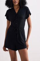 V neck Drawstring Knit Romper in Black