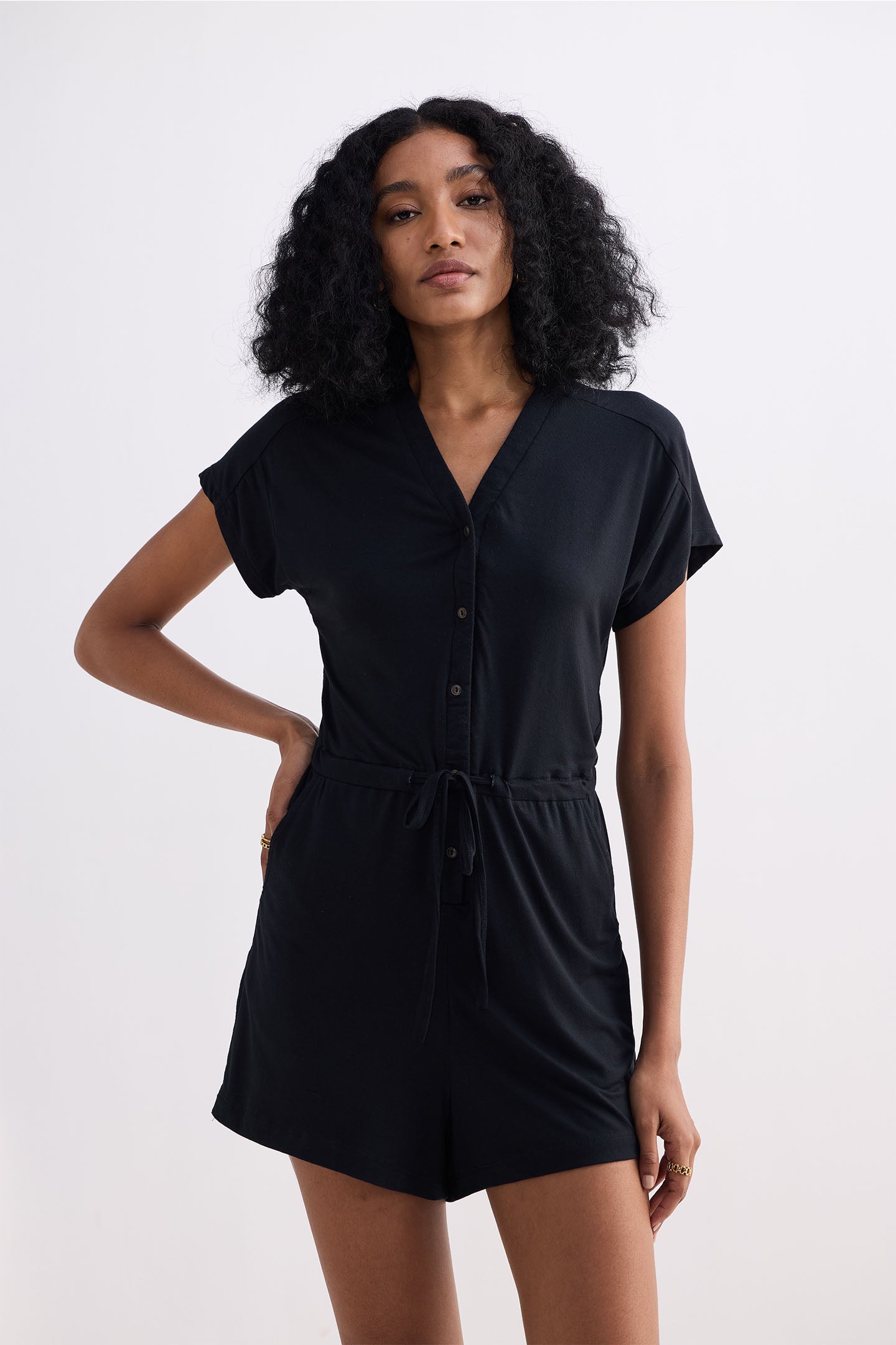 V neck Drawstring Knit Romper in Black