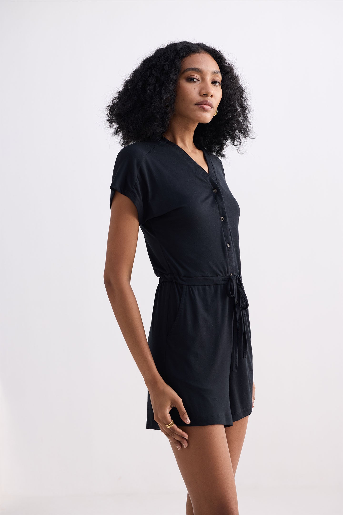 V neck Drawstring Knit Romper in Black Side