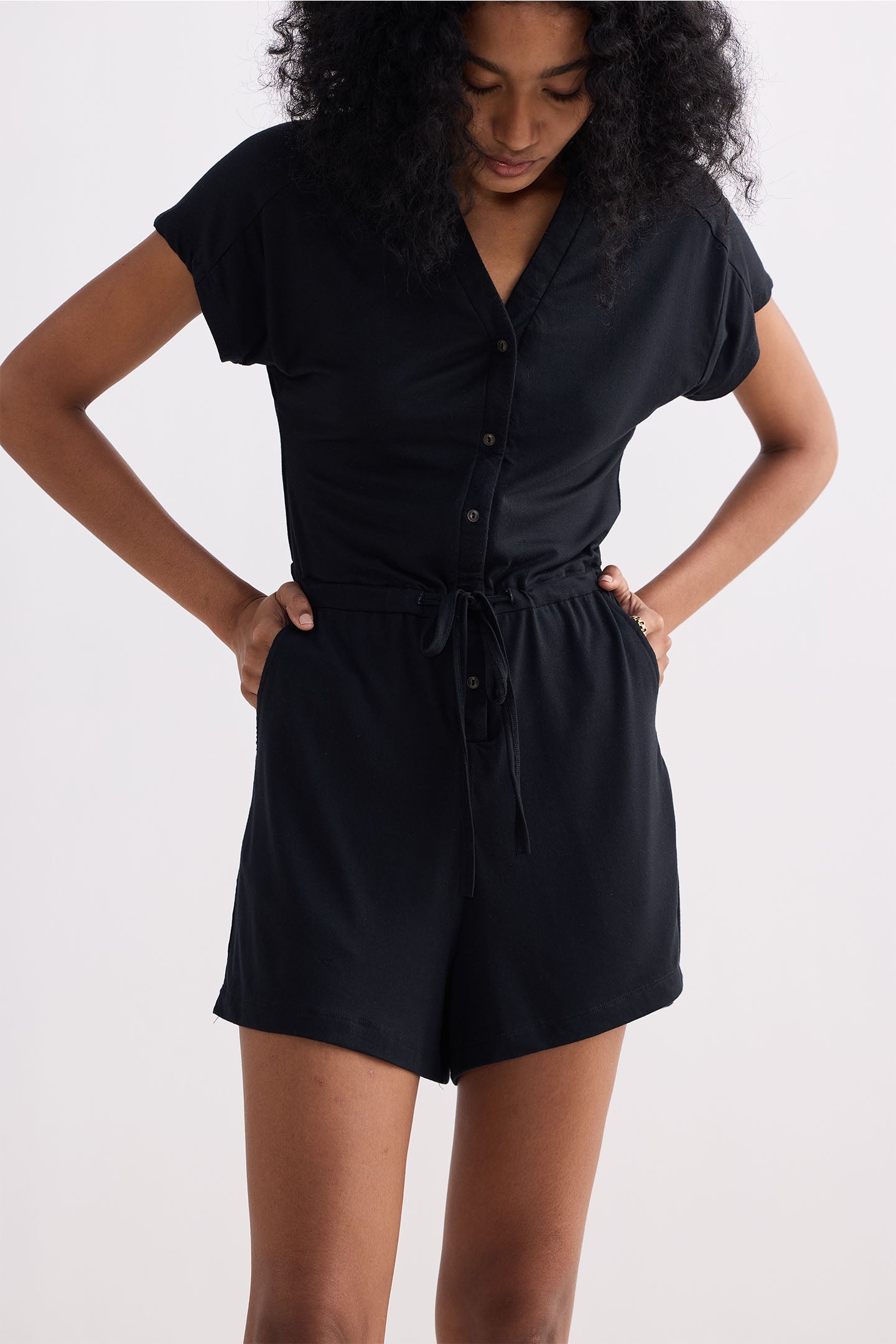 V neck Drawstring Knit Romper in Black