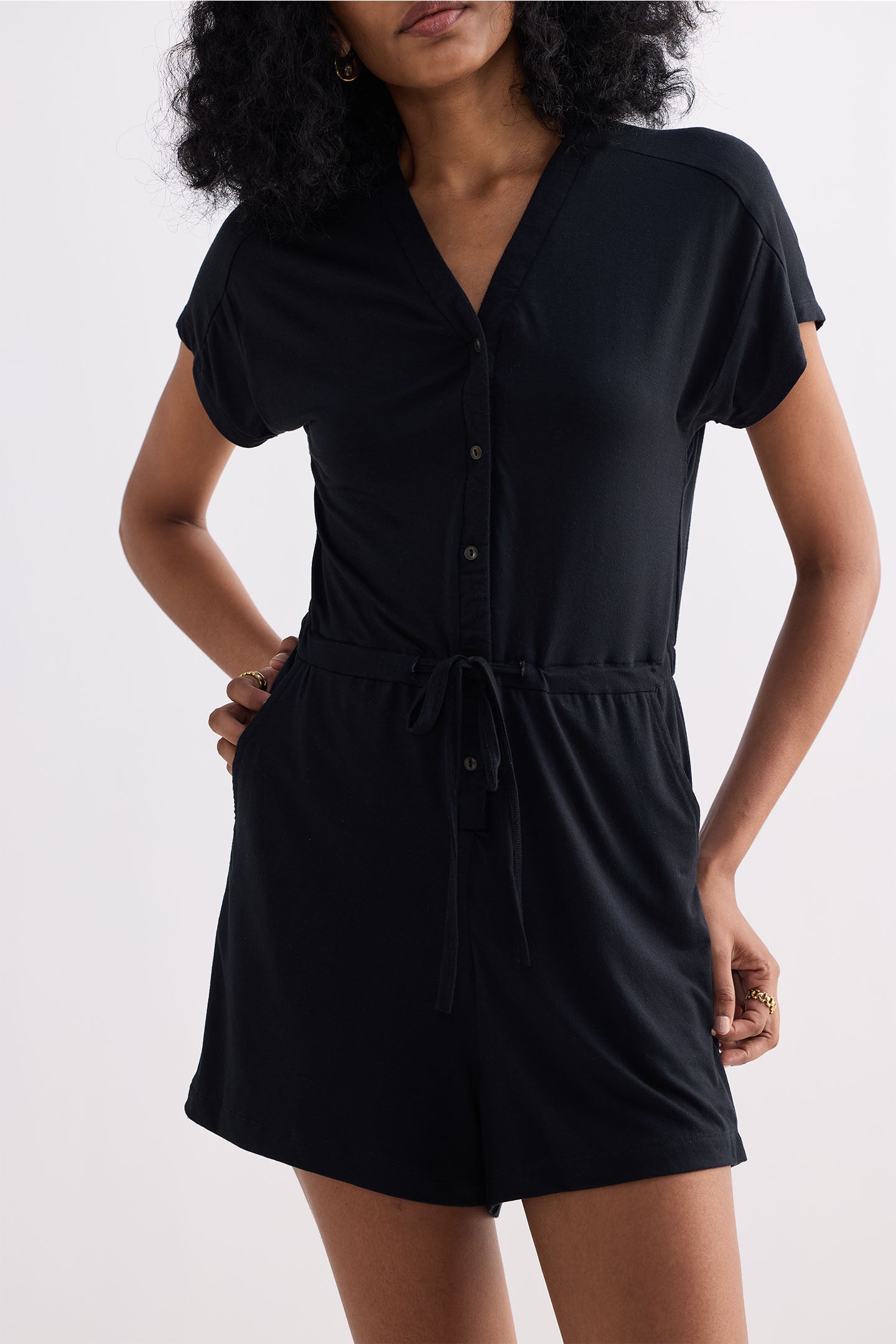 V neck Drawstring Knit Romper in Black Closeup