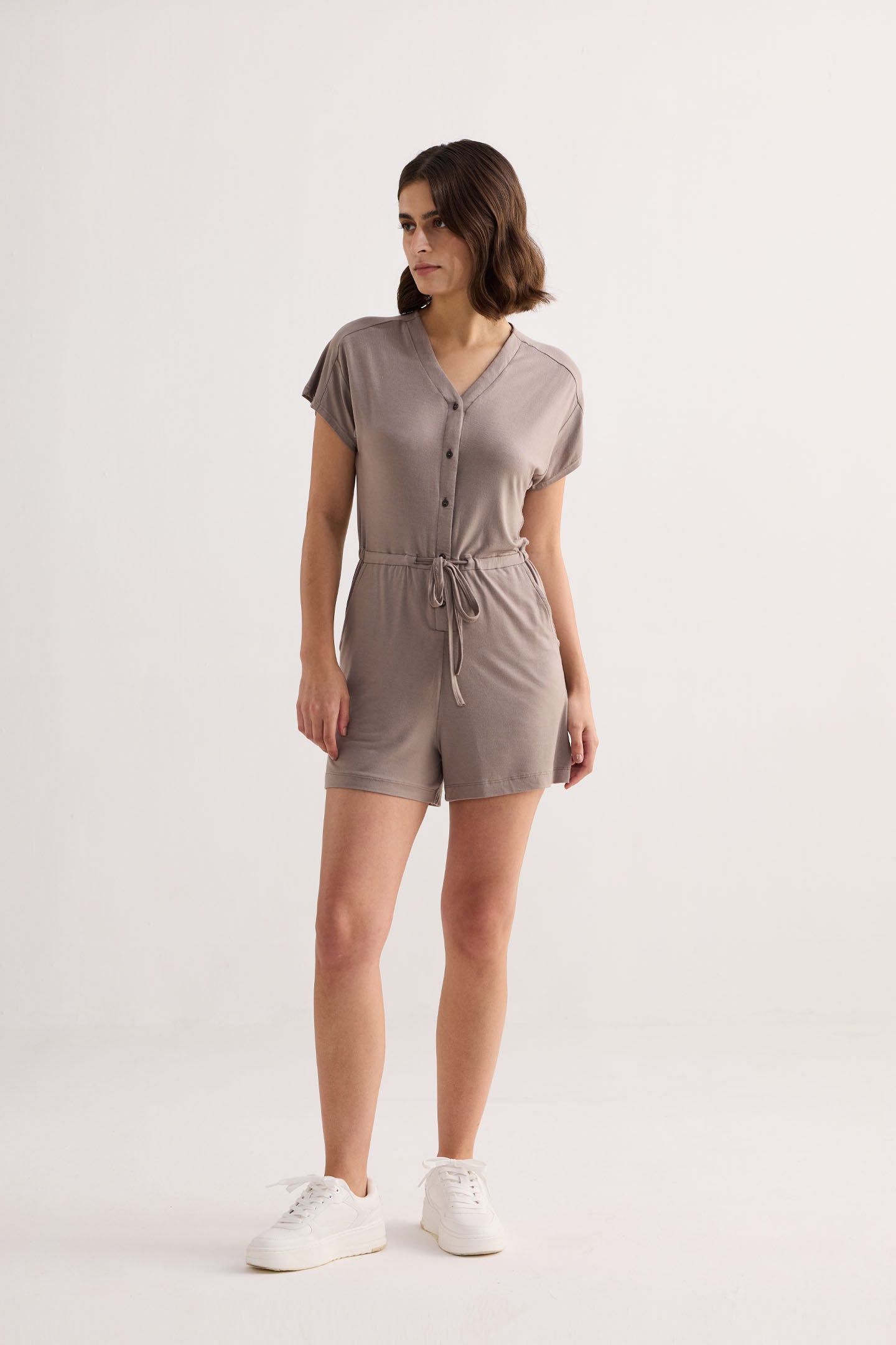 V neck Drawstring Knit Romper in Dusty brown Moodshot