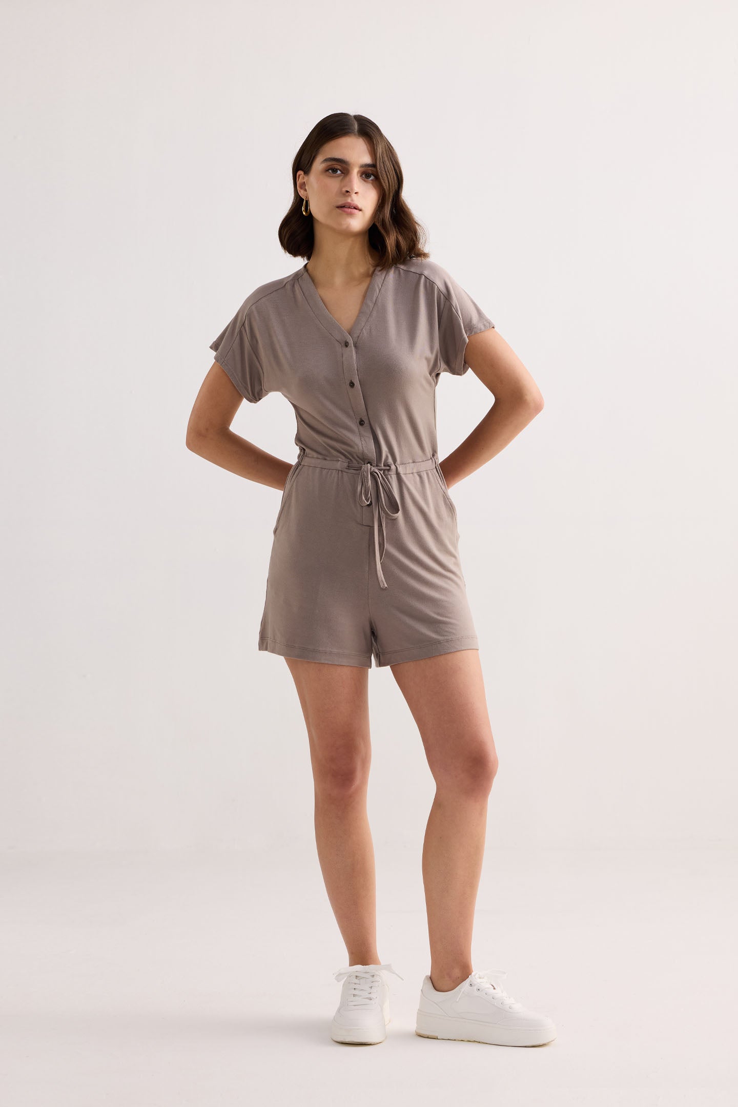 V neck Drawstring Knit Romper in Dusty brown Moodshot