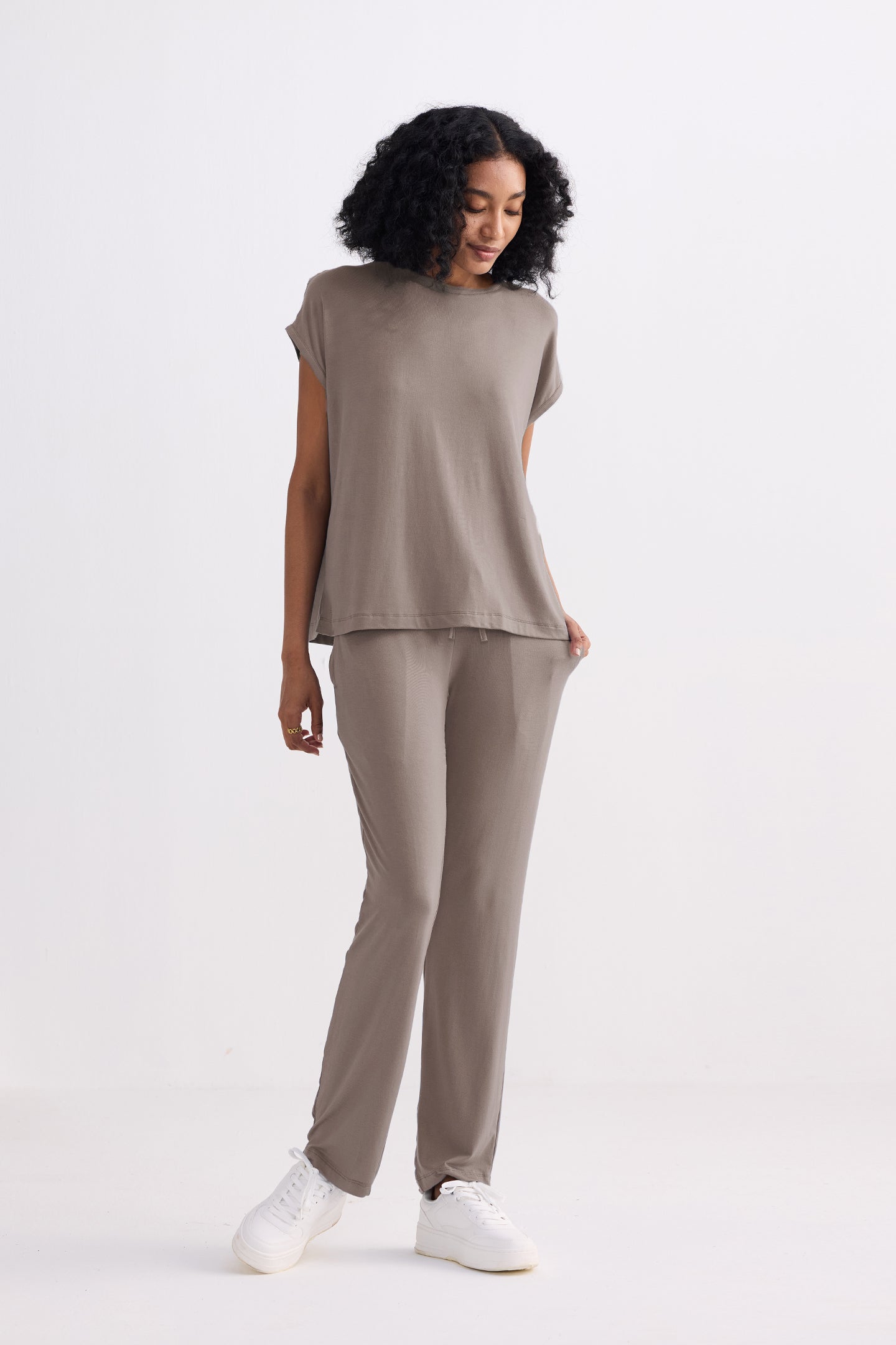 Earth grey wide leg pants side view