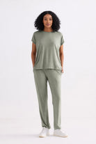 Comfortable light olive wide leg pants for travel and lounging