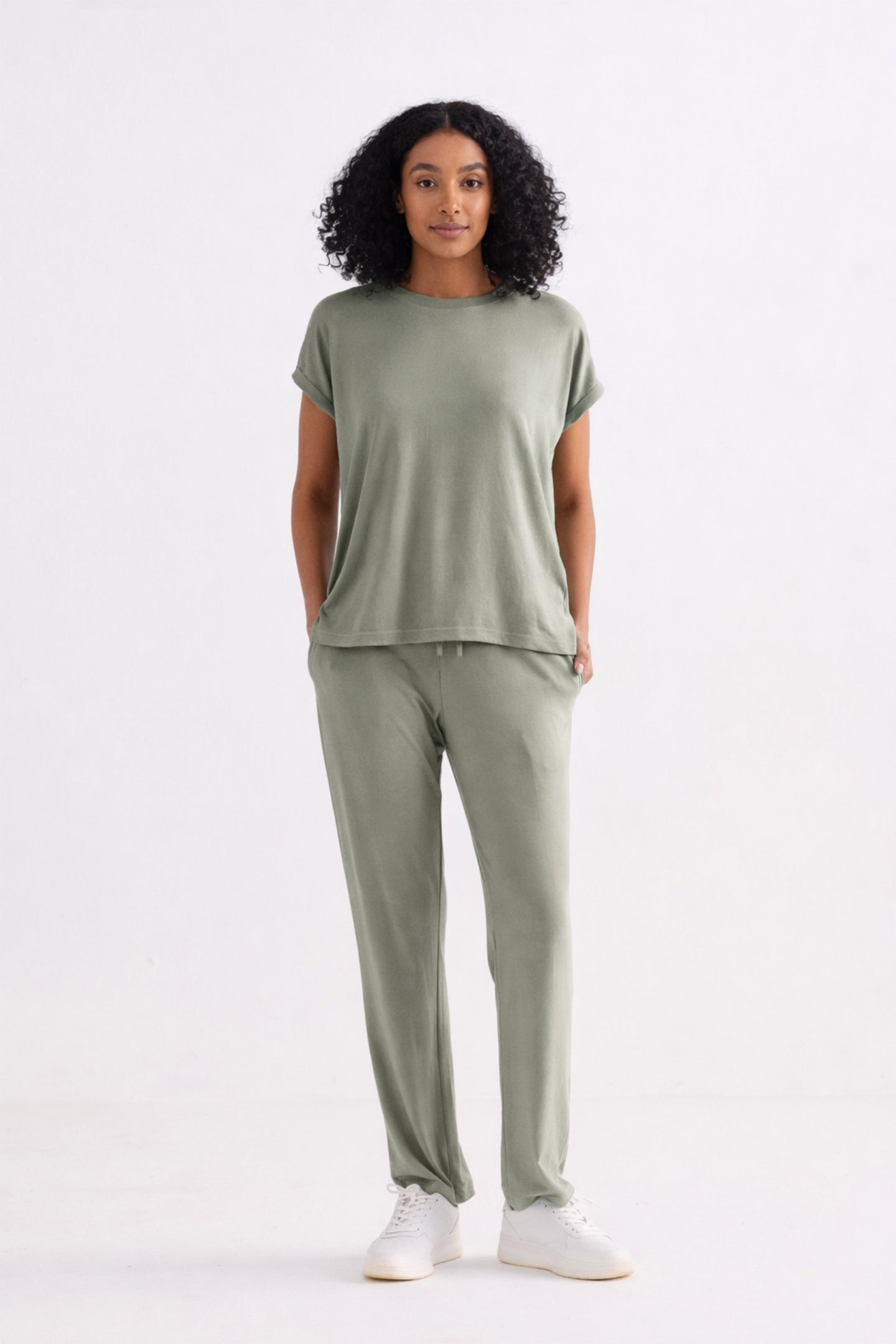 Comfortable light olive wide leg pants for travel and lounging