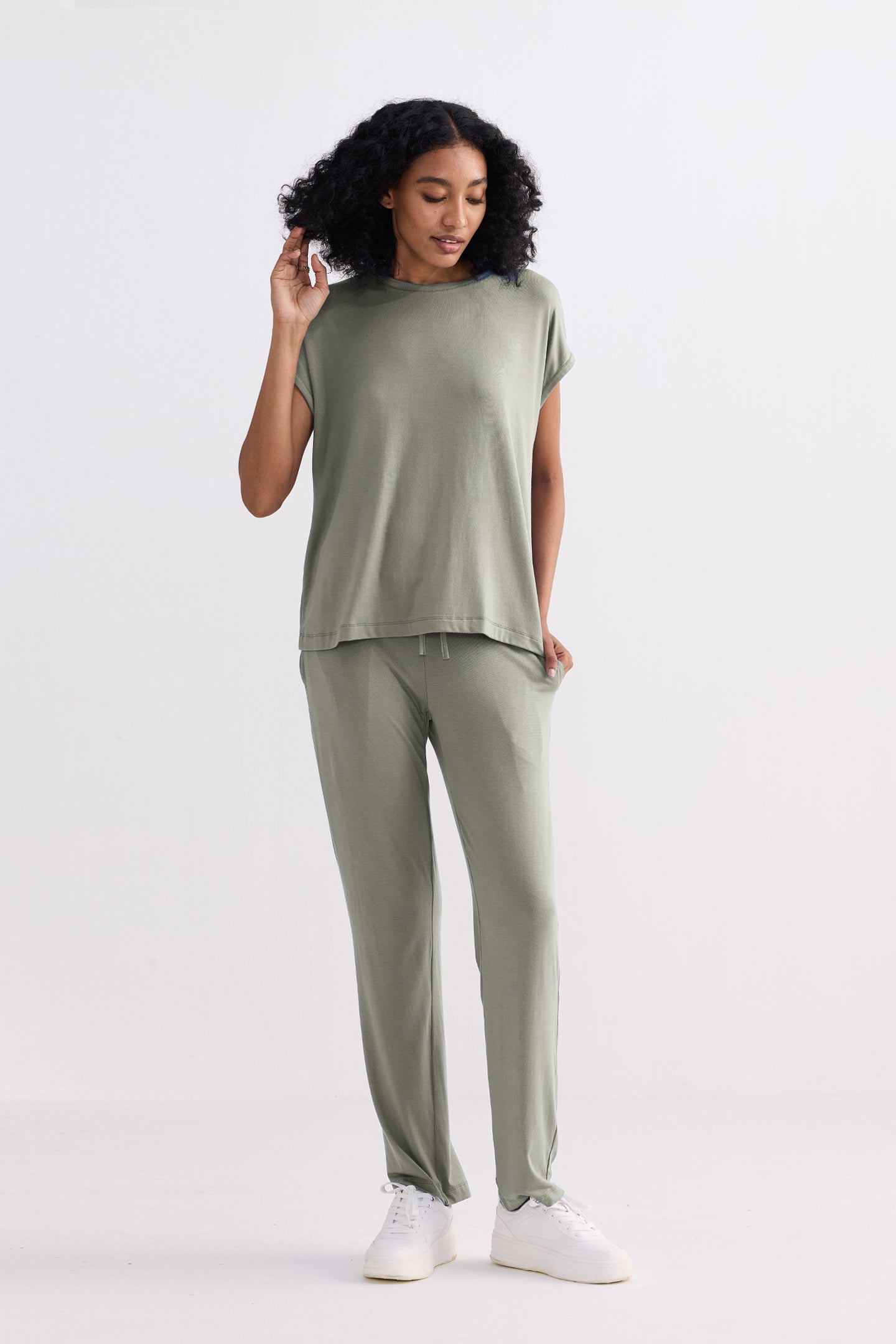 Eco-friendly light olive wide leg pants for everyday wear