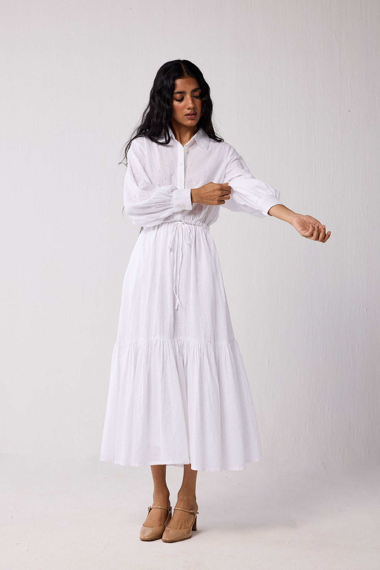 Reistor Women's Embroidered Flowy Maxi Tiered Dress in White Reistor Women's Embroidered Flowy Maxi Tiered Dress in White