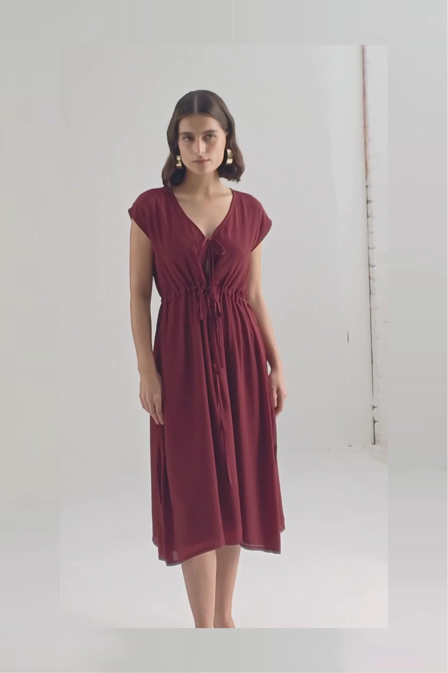 Deep V-neck Gathered Dress in Burgundy