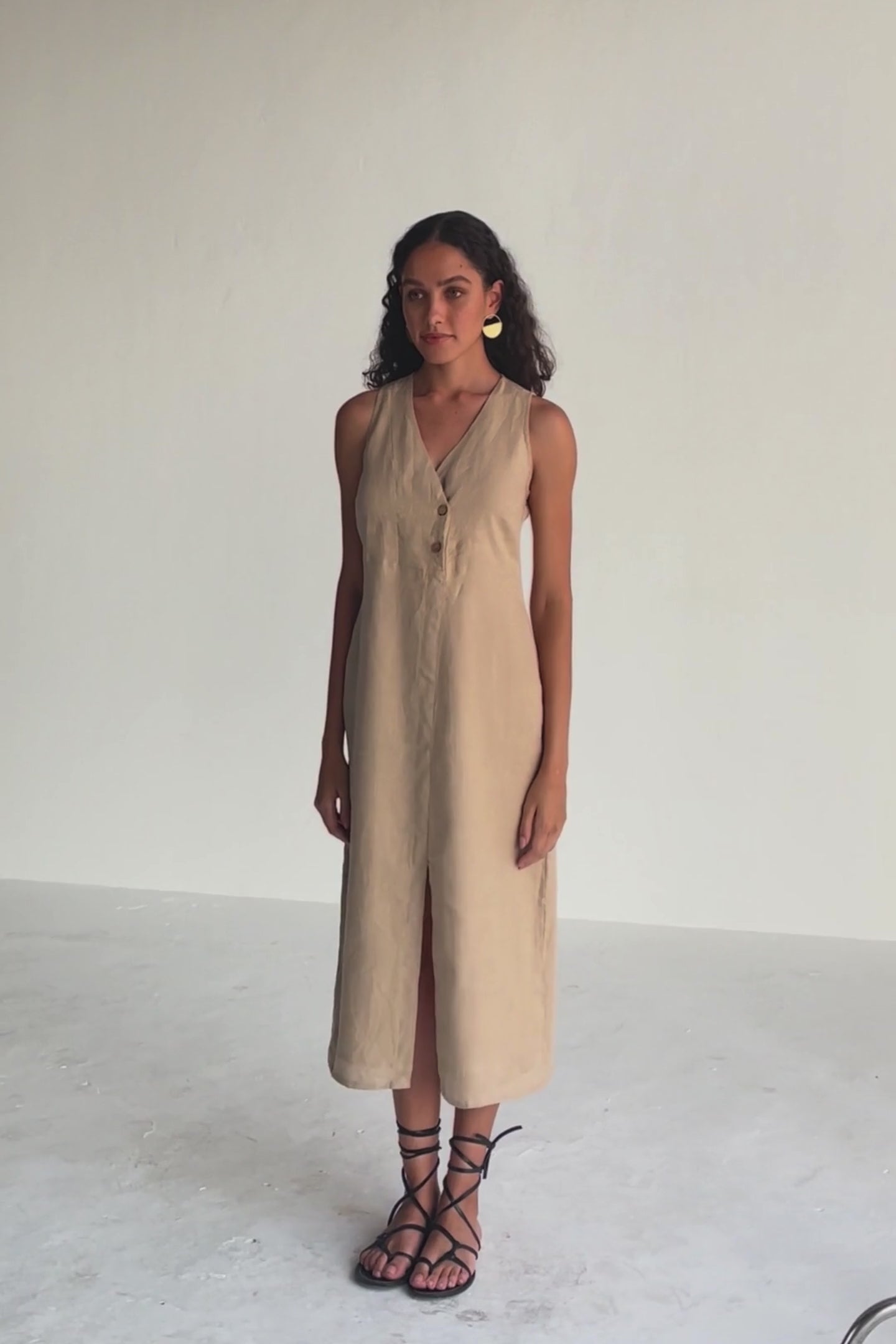 Straight Dress with Front Slit in Neutral Beige Hemp