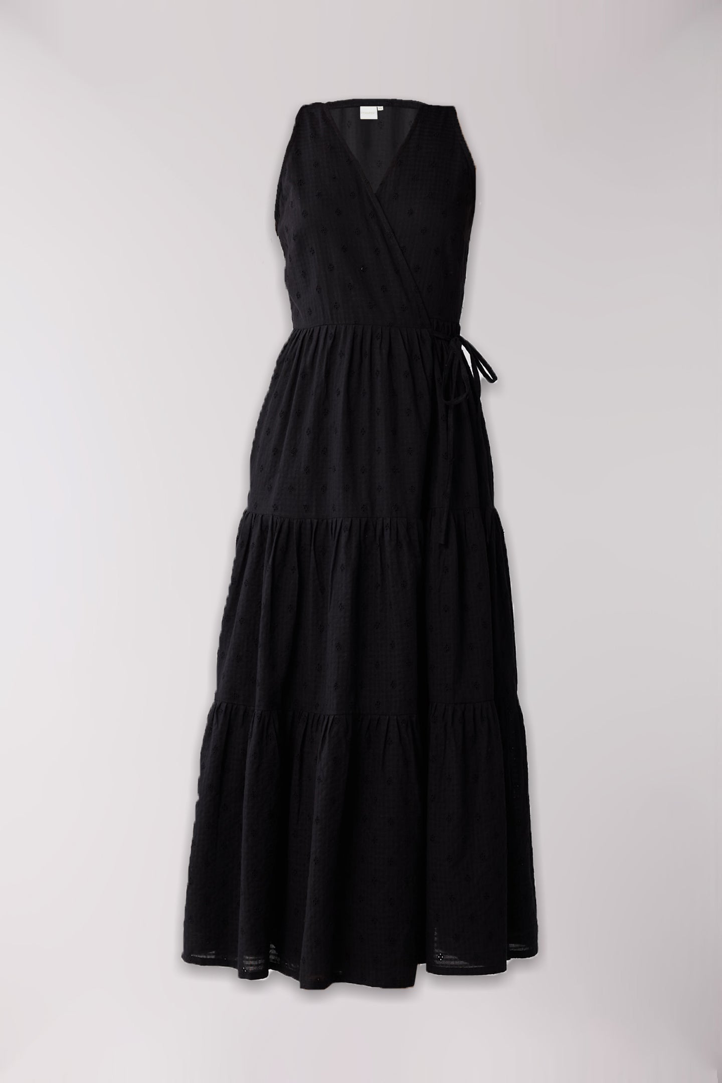 black embroidered wrap dress Embroidered Tiered Wrap Dress in Linen Blend Black
