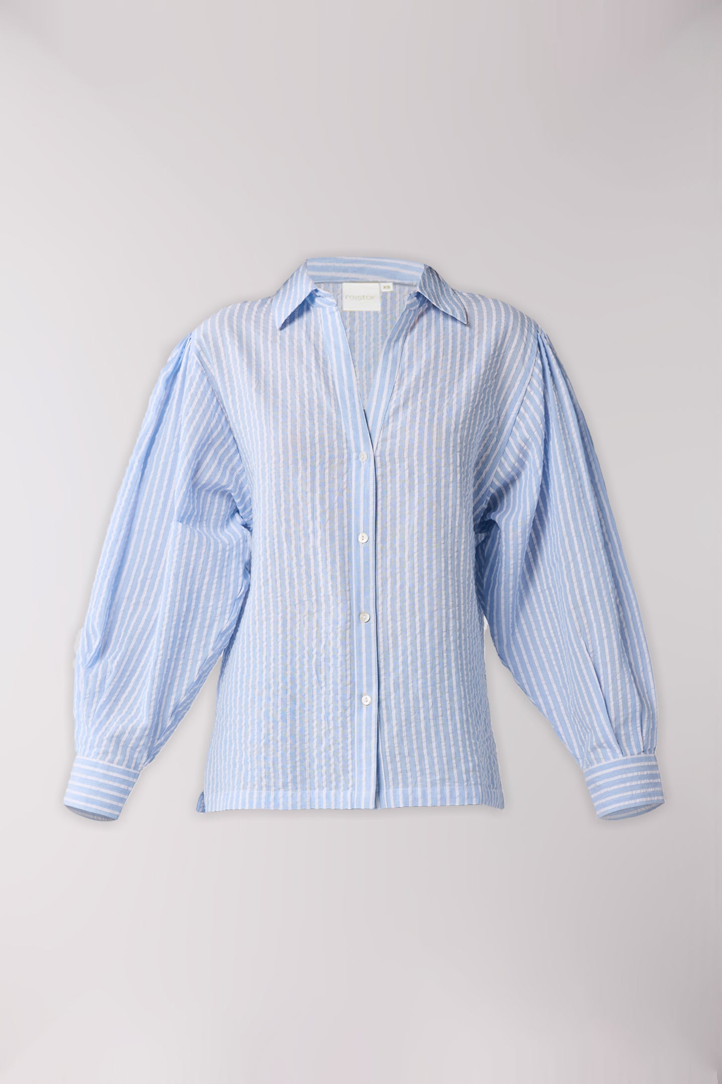 Blue and white striped shirt on a light gray background