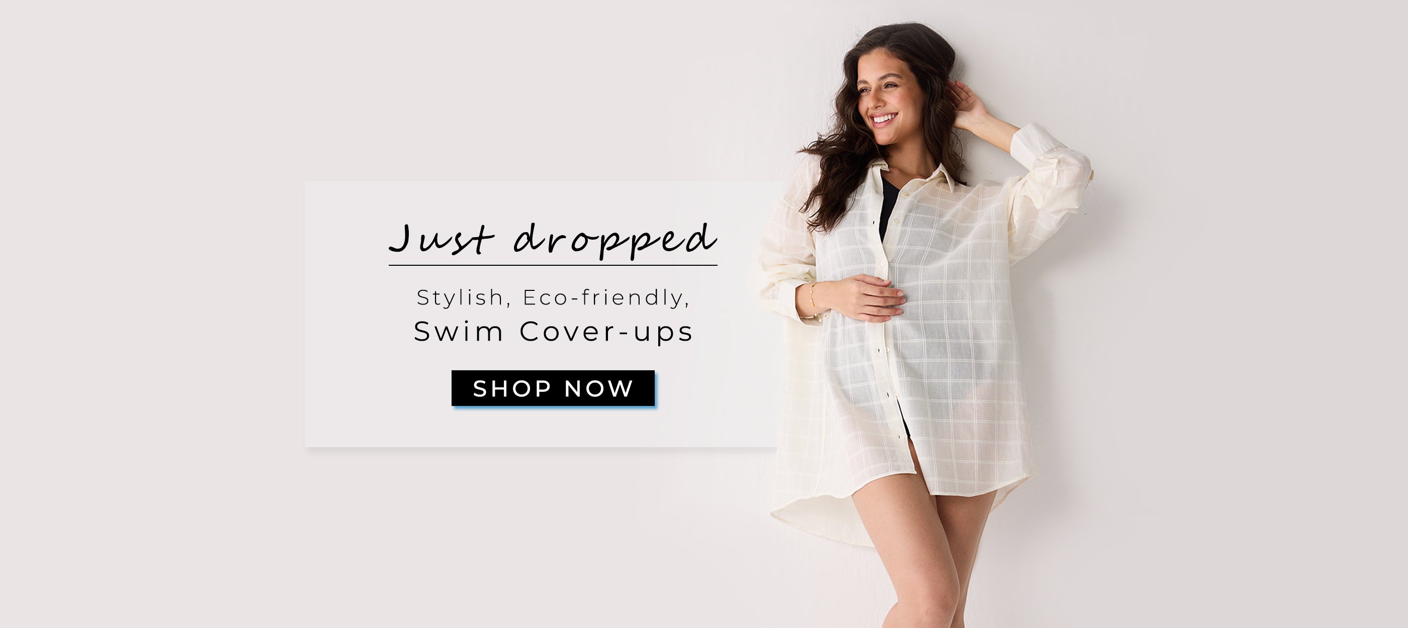 Woman wearing a white swim cover-up with text promoting eco-friendly swim cover-ups.