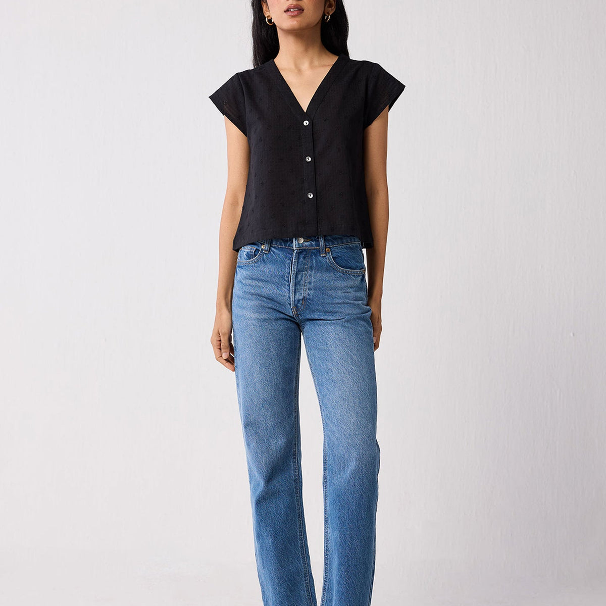V-Neck Embroidered Top with Front Buttons in Black – Reistor